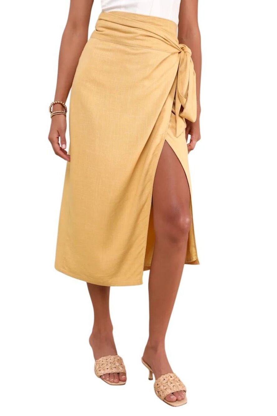 NWT Breezy Personality Yellow Linen Midi Wrap Skirt Medium